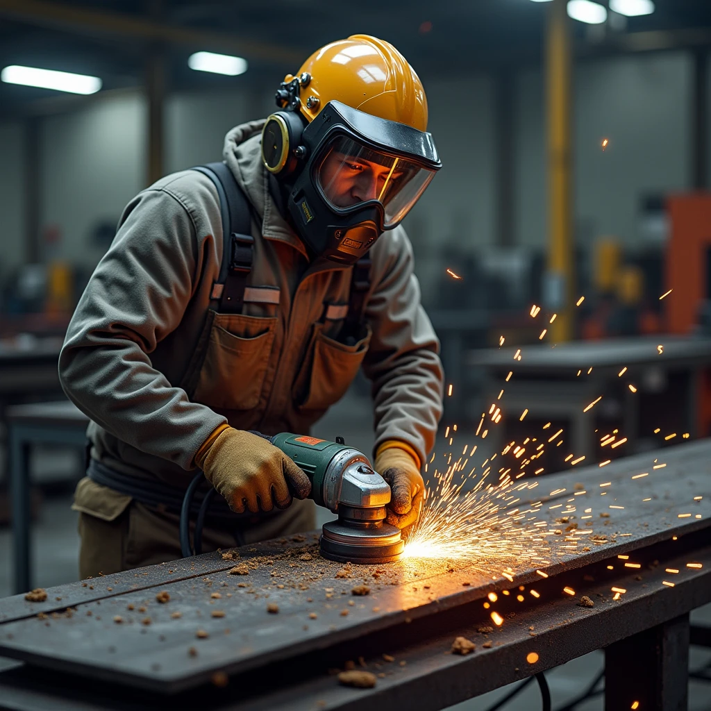 Create a ppe worker cleaning steel welds with the help of a grinder machine