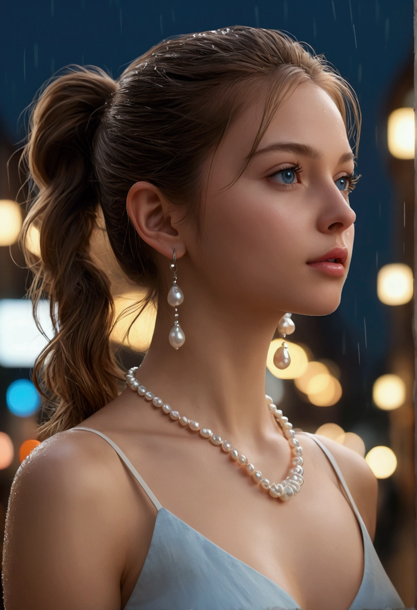 From the side, hips up, ((addielyn)), side pose, random pose, night, (extremely delicate and beautiful work), (masterpiece), 1girl, streetwear, highly detailed, ponytail twist, charming expression, beautiful and clear eyes, blue eye pupils, delicate pearl necklace, delicate earrings, simple blurred background, extreme detail description, beautiful, charming, ultra-fine painting, delicate face, delicate figure, fine collarbone, cute lips, Soft Behind, mix4, (8k, RAW photo, best quality, masterpiece: 1.2), (realistic, photorealistic: 1.37), 1 girl, cute, cityscape, night, rain, wet, professional lighting, photon mapping, radiosity, physically based rendering, waist up,