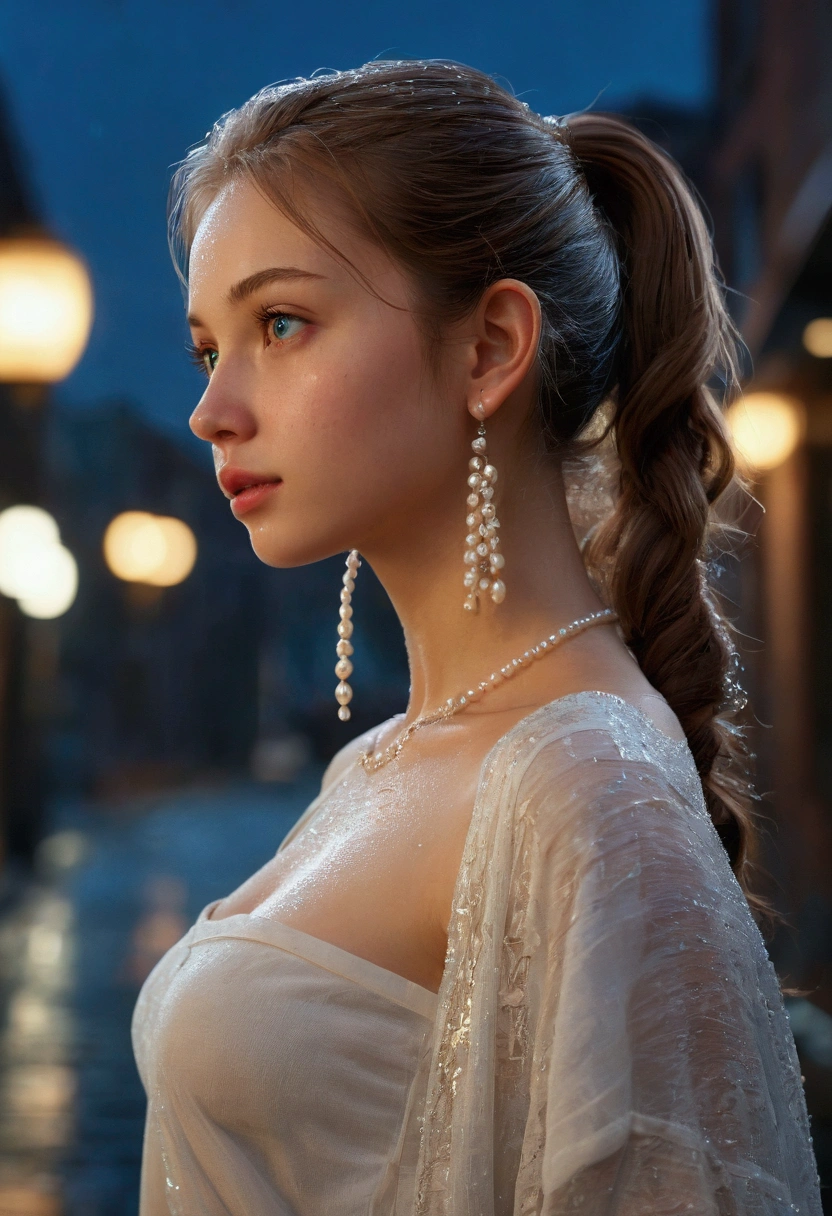 From the side, hips up, ((addielyn)), side pose, random pose, night, (extremely delicate and beautiful work), (masterpiece), 1girl, streetwear, highly detailed, ponytail twist, charming expression, beautiful and clear eyes, blue eye pupils, delicate pearl necklace, delicate earrings, simple blurred background, extreme detail description, beautiful, charming, ultra-fine painting, delicate face, delicate figure, fine collarbone, cute lips, Soft Behind, mix4, (8k, RAW photo, best quality, masterpiece: 1.2), (realistic, photorealistic: 1.37), 1 girl, cute, cityscape, night, rain, wet, professional lighting, photon mapping, radiosity, physically based rendering, waist up,
