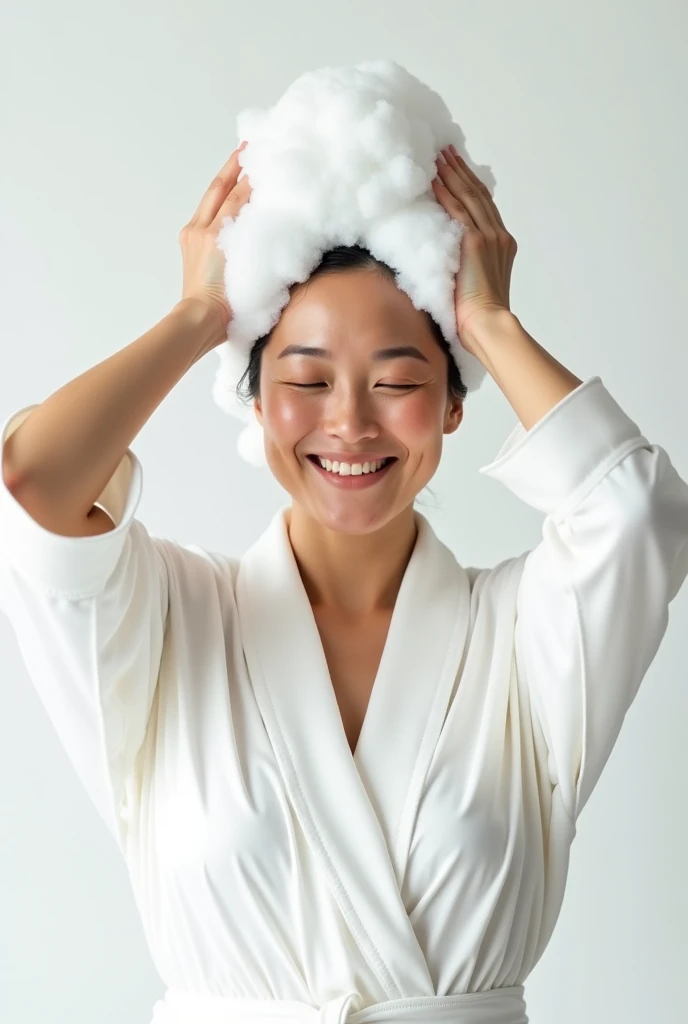 Create an Asian middle-aged beauty,Wearing a white satin bathrobe,Scratching the scalp with both hands,Two hands washing hair on top of head,There is a lot of foam on the head,Foam wrap head,Realistic foam,The expression is happy,Upper Body,The characters are realistic and realistic,Pure white background,Character front position,9:16 frames,Ultra-high-definition picture quality