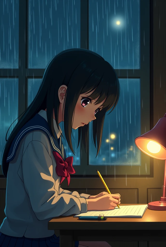 Ghibli-style high school girl profile rain night homework