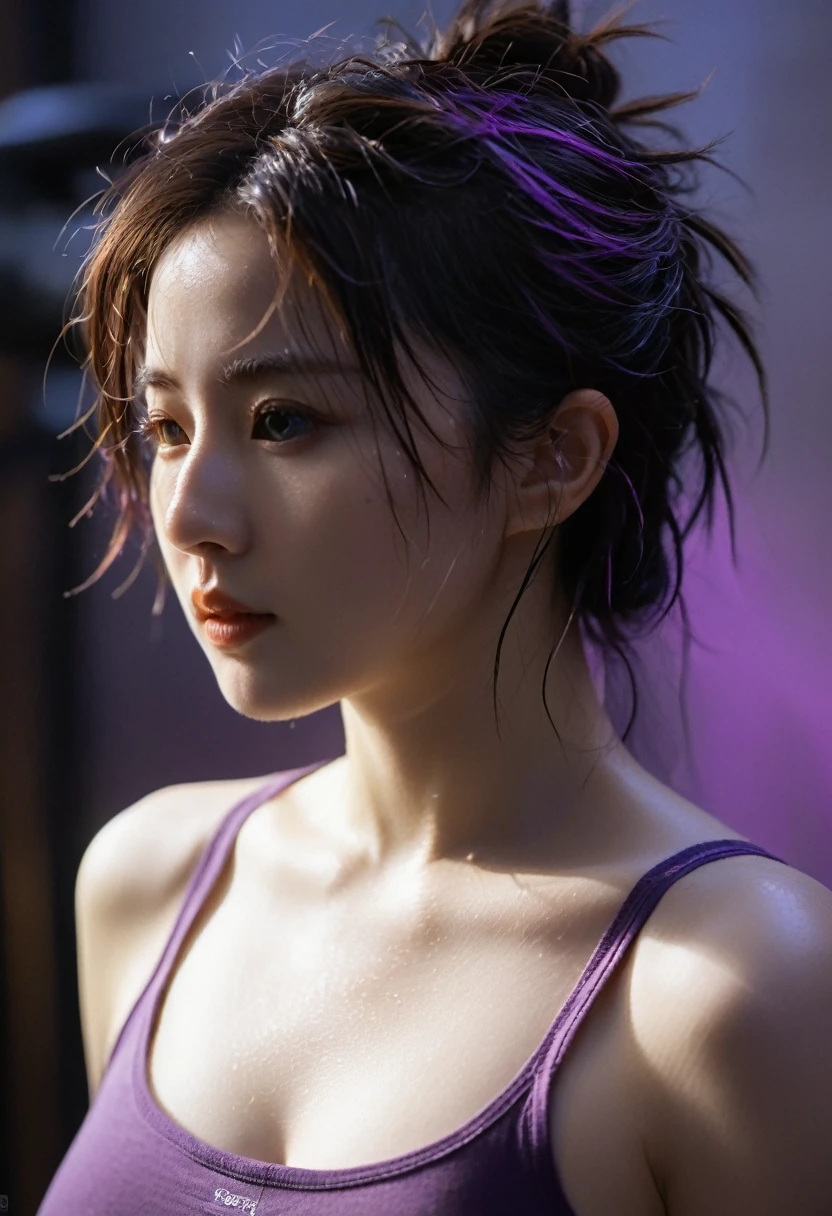 score_9, score_8_up, score_7_up, score_6_up, rating_explicit, score_9, score_8_up, score_7_up, subsurface scattering, Photorealistic, Hyperrealistic, analog style, realistic, film photography, soft lighting, photo, cinematography, high resolution, 8k, incredible photo, award winning photography, Incredible black purple hair, messy hair, only eyes visible, closeup portrait, fine detail, hair grain, beautiful black eyes, extra large round breasts, wet light brown low u neck t-shirt ((tight shirt, wetter)), sweaty body, medium close-up shot, side shot, cyberpunk atmoshpere background, glows softly behind.