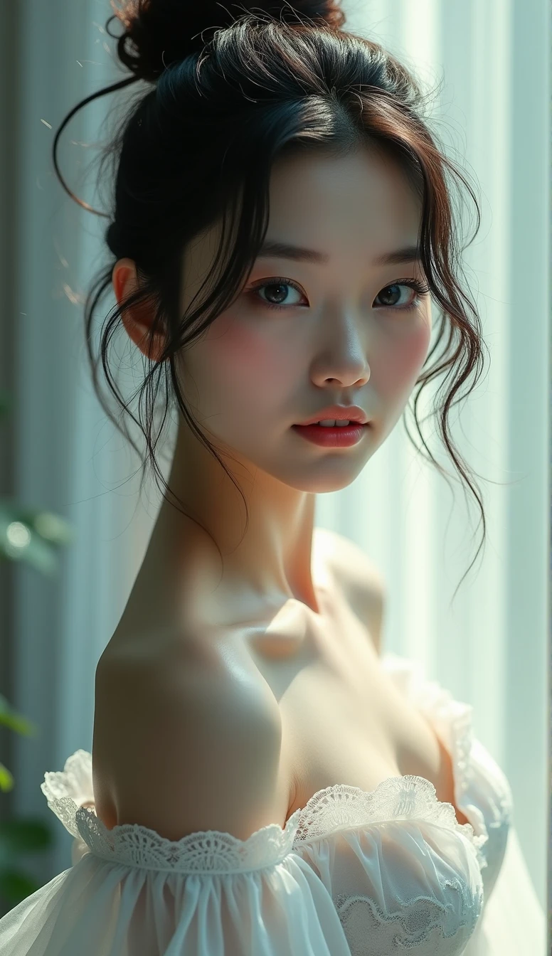 (Realistic) Insanely beautiful asian lady with messy bun hairstyle, so beautiful that her beauty transcends heaven , blue eyes so beautiful looks like stars in night sky , cute and attractive facial expressions, incredibly soft skin like an angel , natural skin color, natural breasts, godly perfect body (highly detailed) , cinematic lightings , wearing a simple yet angelic dress (highly detailed) , incredibly soft and alluring lips , full body image highly detailed from top to bottom