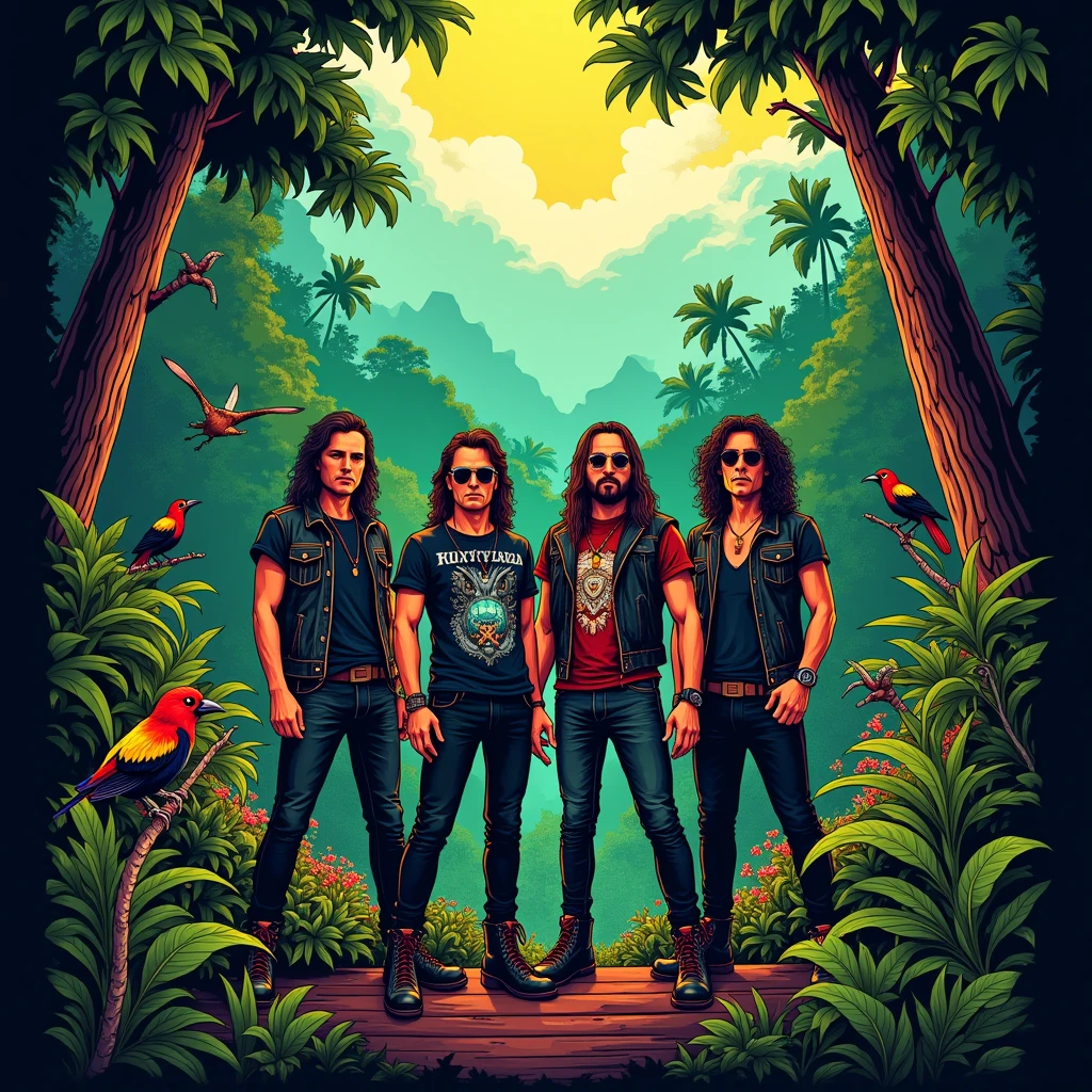 depict a rock music poster about the forests, hills, flora and fauna of Kalimantan