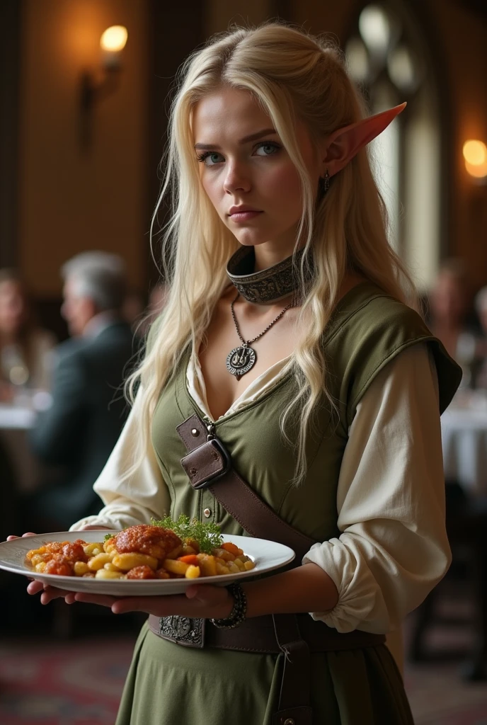 A beautiful elf girl looking depressed with a slave collar around her neck working as a restourant server in a medieval fantasy setting holding a plate of food