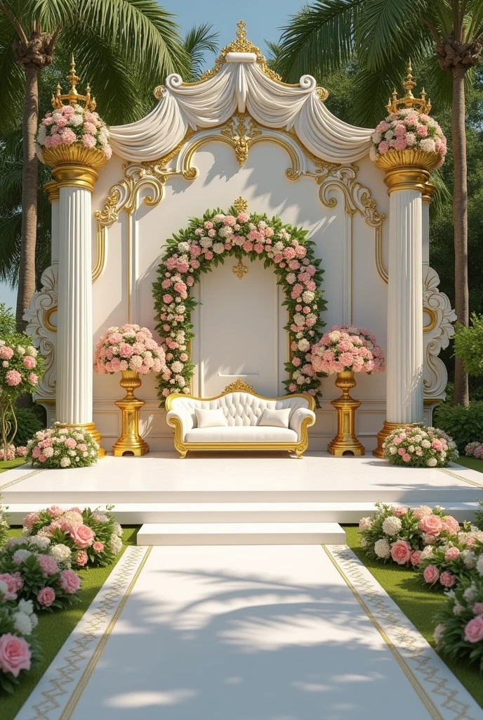 Kerala Hindu wedding stage decorated in White and golden combination with flower work 40ft width and sofa set and mandap
