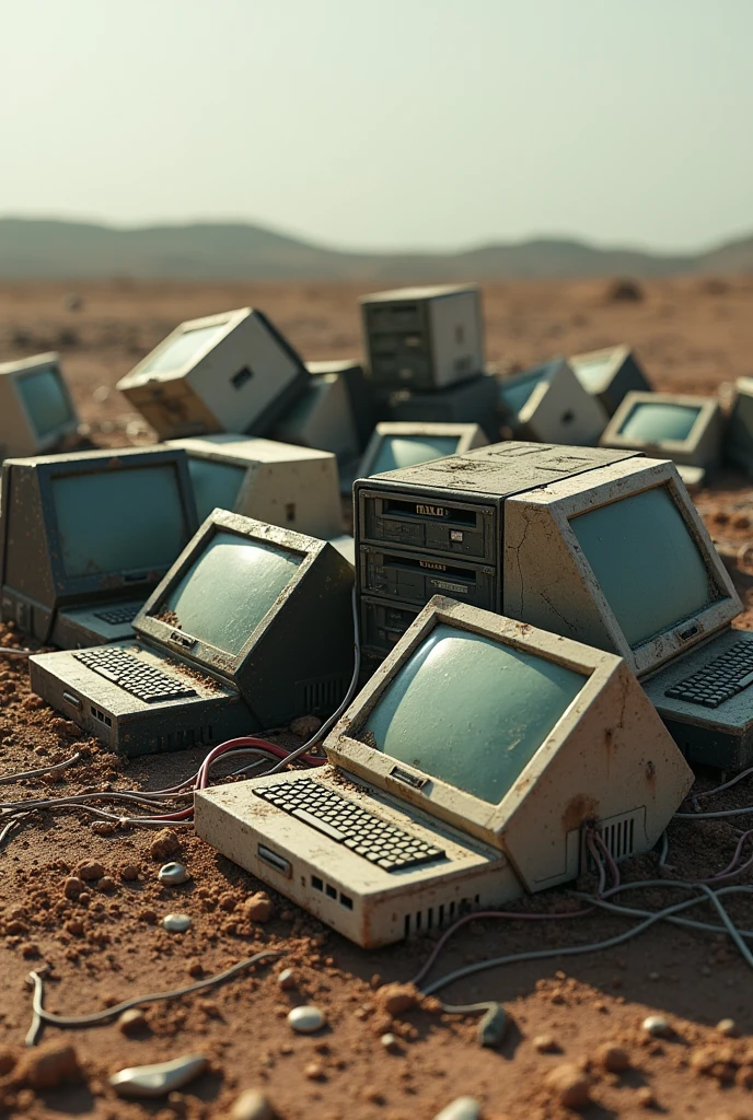 12 broken computers lying on the grounds, realistic