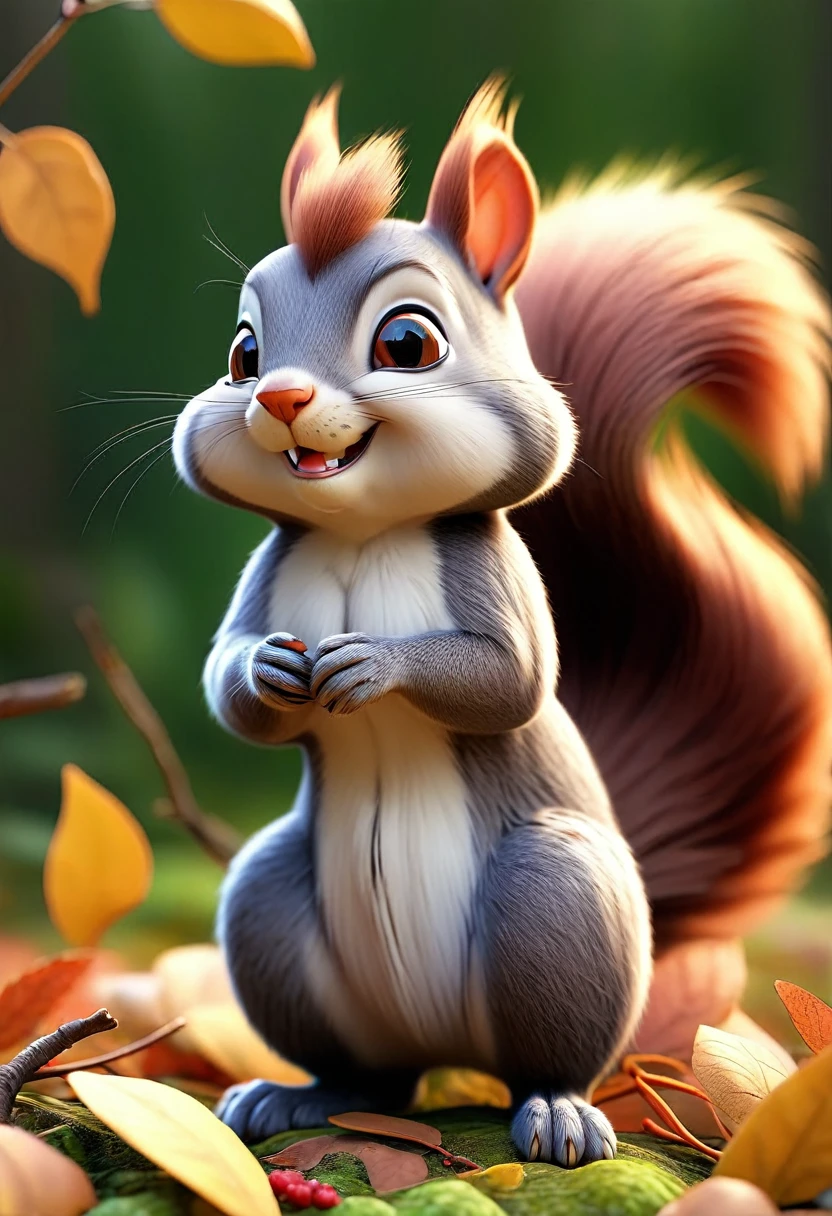 a cute squirrel in an autumn forest, with detailed fur and adorable cheeks puffed out with food, diligently preparing for winter, 3d, highly detailed, realistic, professional photography, professional lighting, shallow depth of field, beautiful, detailed eyes, beautiful detailed fur, extremely detailed face and body, photorealistic, 8k, best quality