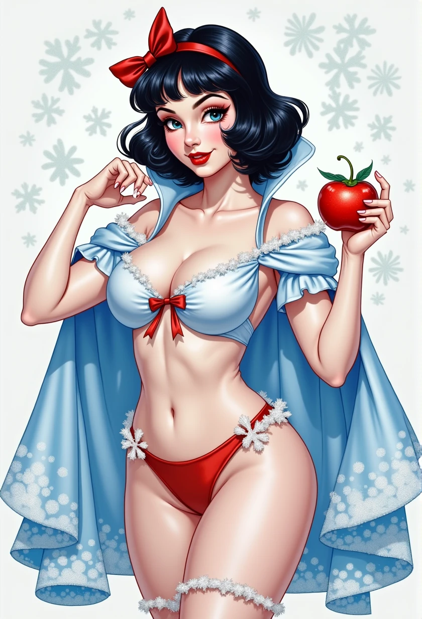 Betty Page as snow white, pin up, pee on the floor, hands up