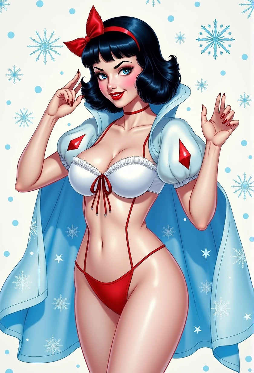 Betty Page as snow white, pin up, pee on the floor, hands up