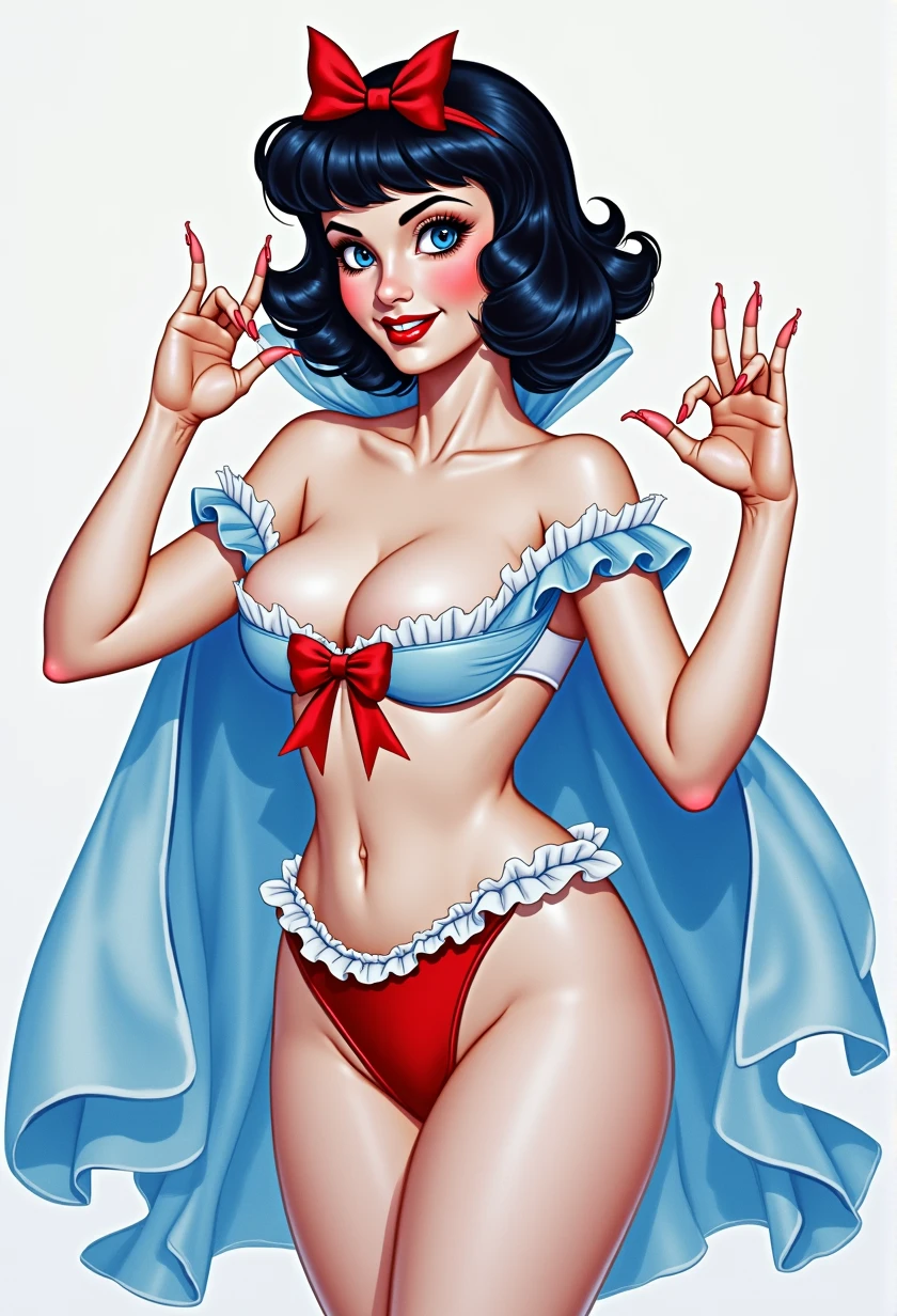 Betty Page as snow white, pin up, pee on the floor, hands up