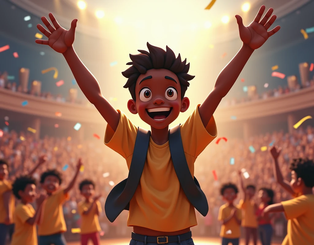 Create an animated image of a dark-skinned boy winning a math contest