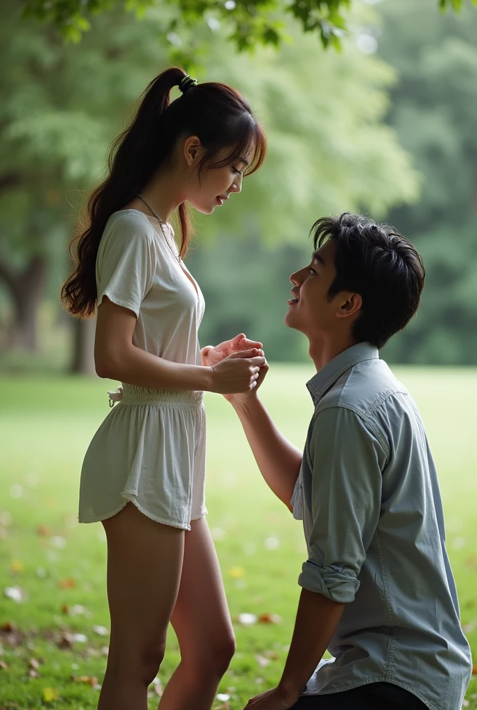 there is a woman kneeling down and a man kneeling down and giving her a blow, touching her clothes, hot  teen girl, hot , japanese, on her knees, side shot, young skinny gravure idol, very perfect position, young and cute girl, bottom angle, young sensual gravure idol, in the yard, waist - shot, with her long