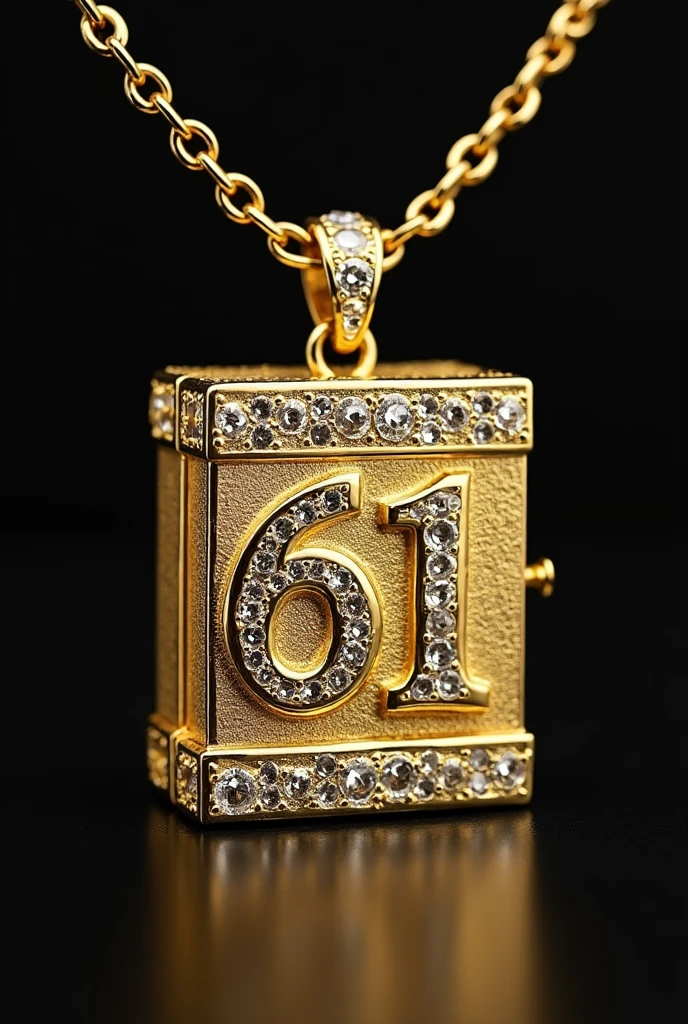 large gold box necklace decorated with diamonds with 51game engraving