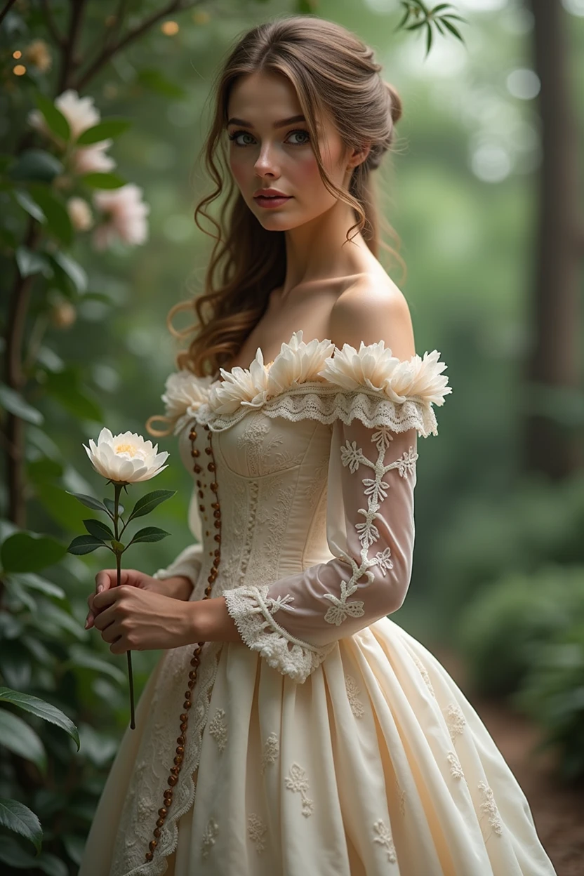 beautiful woman wearing victorian dress standing holding a flower