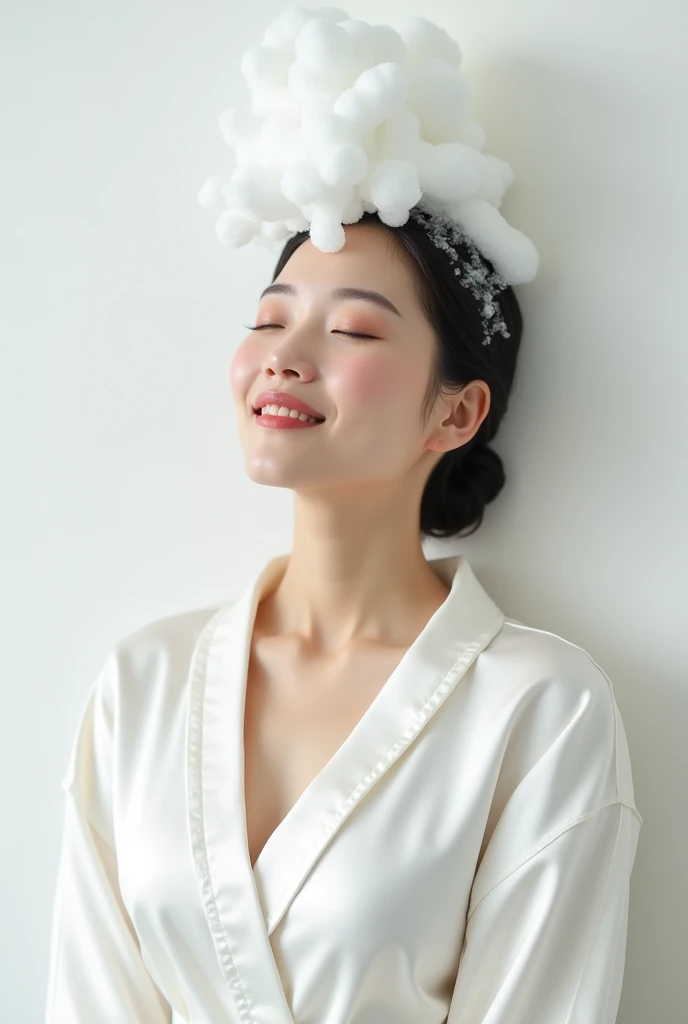 Create an Asian middle-aged beauty，Wearing a white satin bathrobe，Scratching the scalp with both hands，Two hands washing hair on top of head，There is a lot of foam on the head，Foam wrap head，Realistic foam，The expression is happy，Upper Body，The characters are realistic and realistic，Pure white background，Character front position，9:16 frames，Ultra-high-definition picture quality