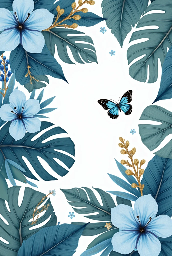 Create a floral print, with tropical foliage, flowers and butterflies of different sizes in shades of light blue and with some lines accompanying the designs in silver and gold