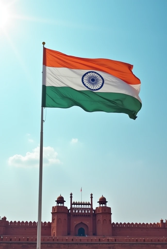 in the center a big India Flag that is not waving in the wind, light blue sky with minimal clouds and red fort as backdrop. The sun is shining from the top left corner of the image. 