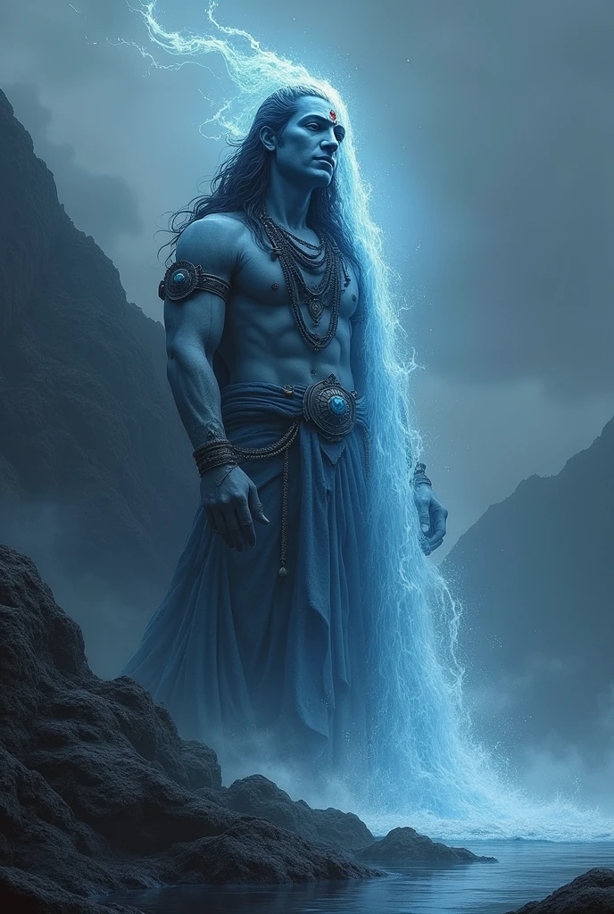 bhagavan shiv shankar ,turn head into a river,on mountain stand, dark 