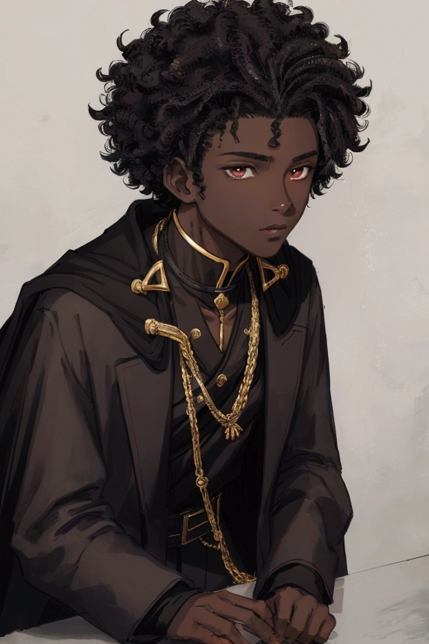 (Male Boy: 1.5)“Portrait of Koyo, a 16-year-old boy, 1.80 m tall, dark brown skin and Afro-descendant features. She has black hair, curly and well combed in small, voluminous 3.6 centimeter curls. expressive, deep brown, with a shape that follows the aesthetics of a high school teenager. The nose is slightly rounded and the mouth is well defined, with full lips. Koyo wears an outfit that combines classic and modern elements: one. black shirt and long jacket with gold details, accompanied by a flowing cape that gives an imposing look. He wears dark pants and high boots, also with golden details that harmonize with the rest of the look. (Dark Skin Color: 1.5)