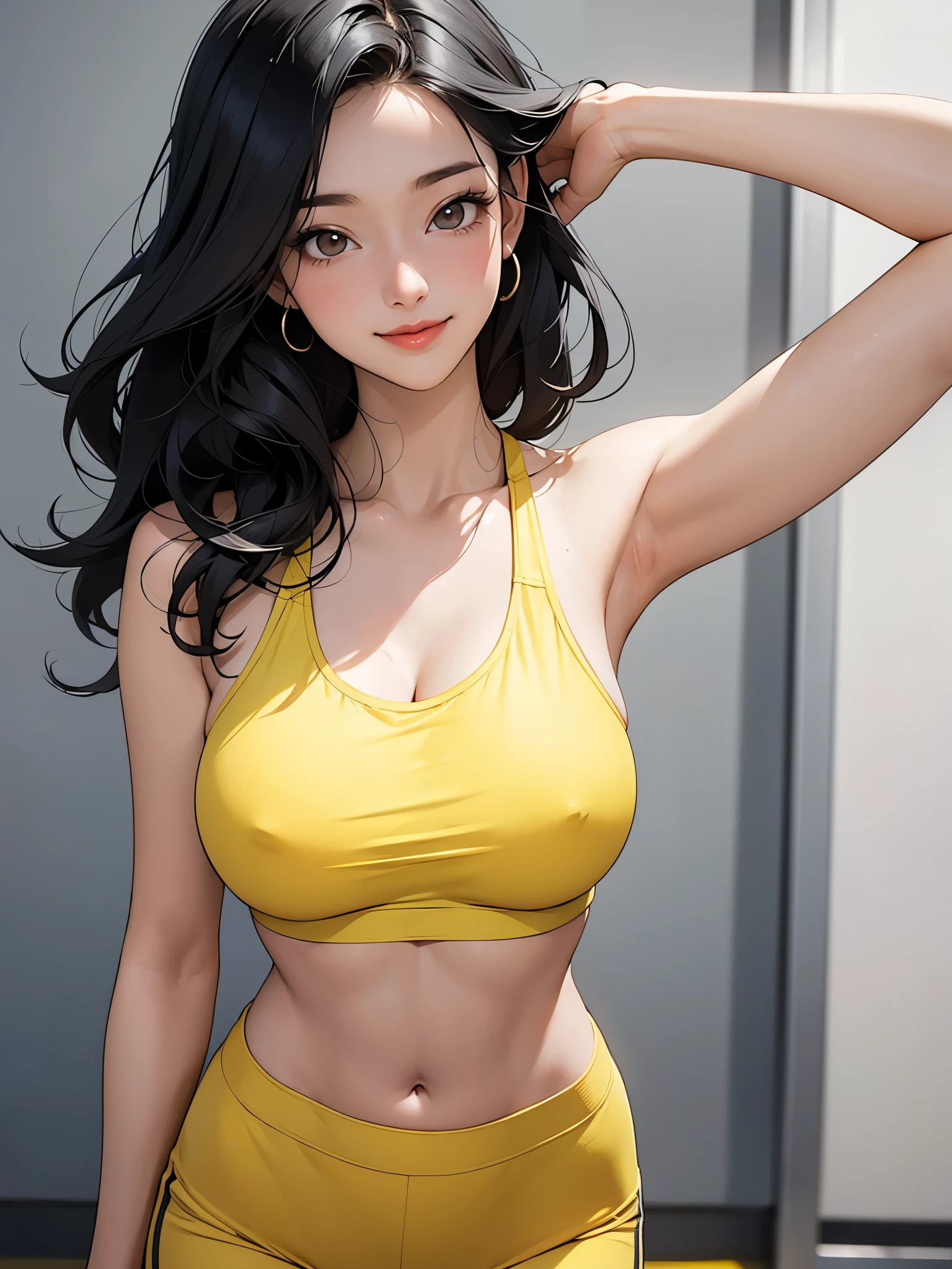 A fit young woman in her 20s. on the stage. She is wearing a yellow sports bra and grey yoga pants. Her long, wavy black hair , with a gentle smile. 카메라를 바라본다
huge boobs,she is walking .