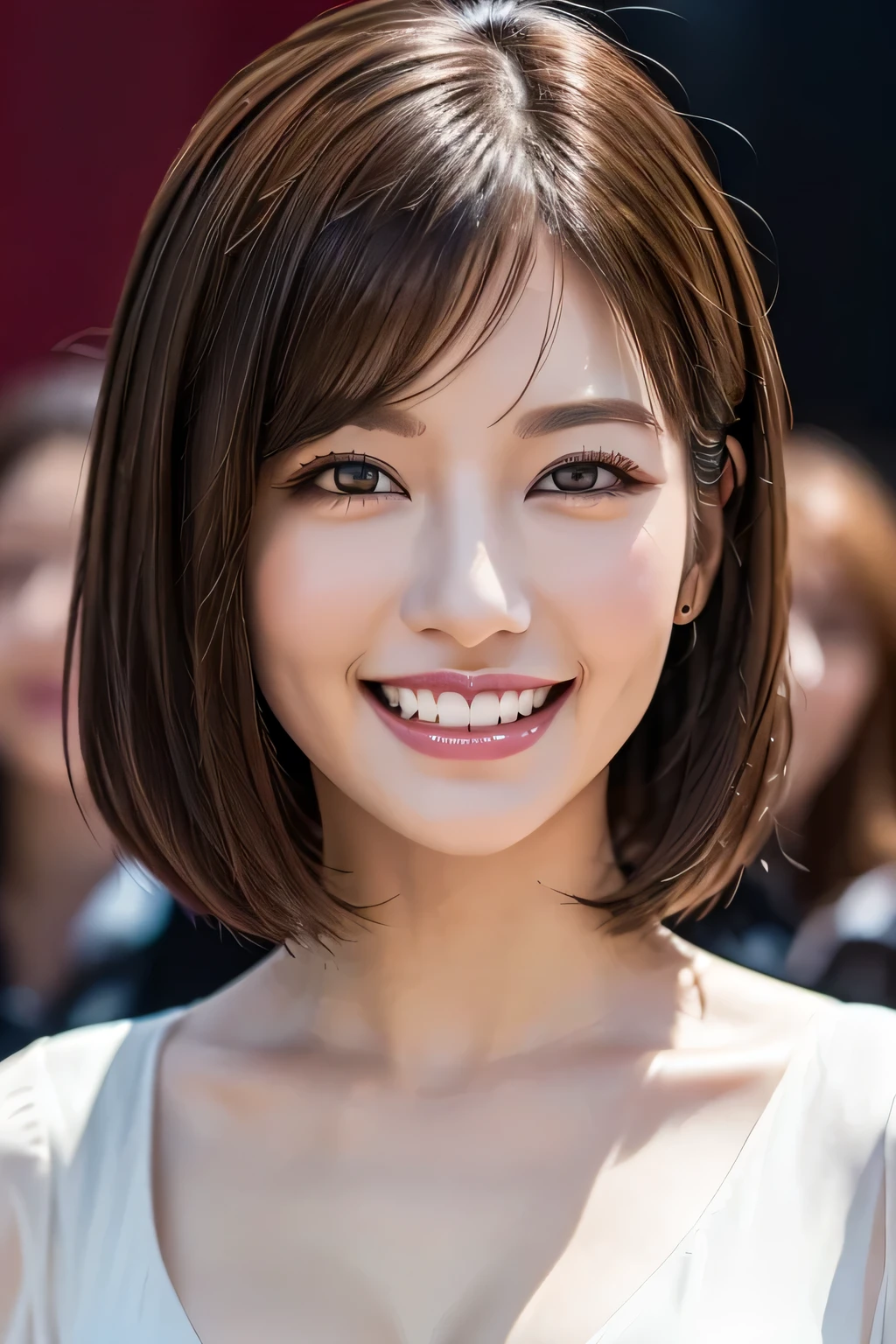 ((masterpiece)), ((Highest quality)), ((Complex)), ((Surreal)), (Realistic), (Mature Woman), ((There are no classes)), Very detailed, (1 female), Beautiful and exquisite, (Beautiful Teeth), Grin, Brunette bob hair, Brown eyes, ((blouse)), (Upper Body), (background:none), Perfect Eyes, Captivating eyes, Looking at the audience