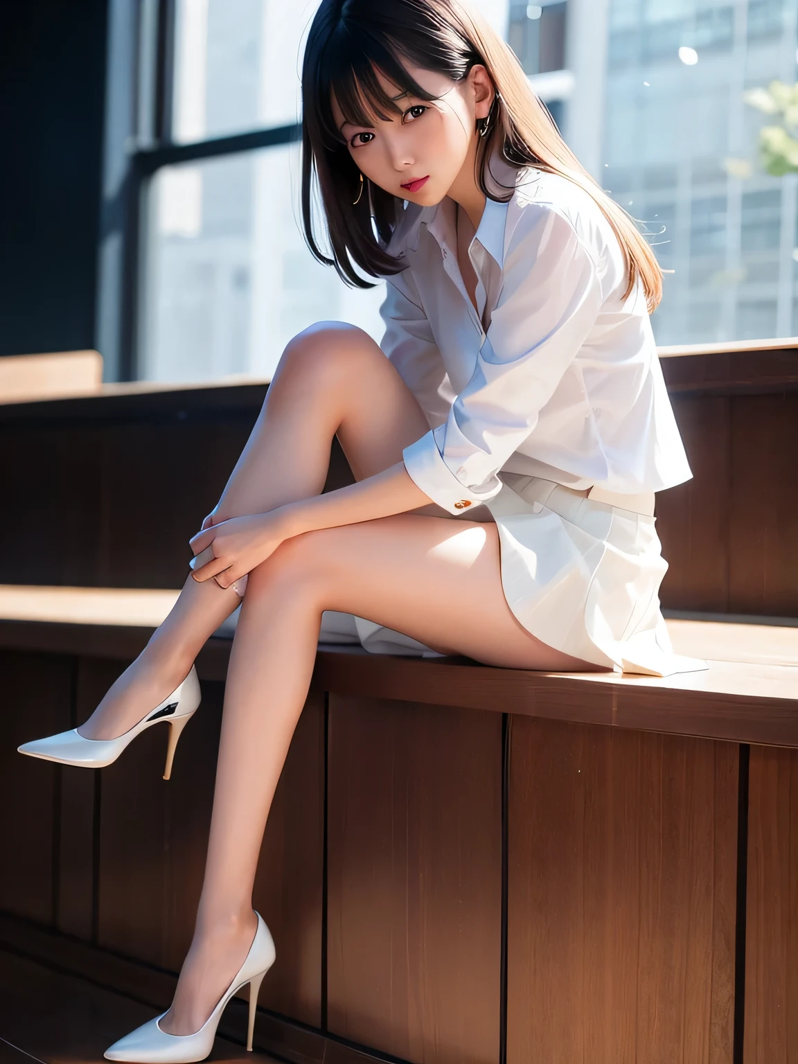 One woman, Sit on the sofa, Window in the background, Full body photo, 8K, Wearing high heels, In a blouse, Large Breasts