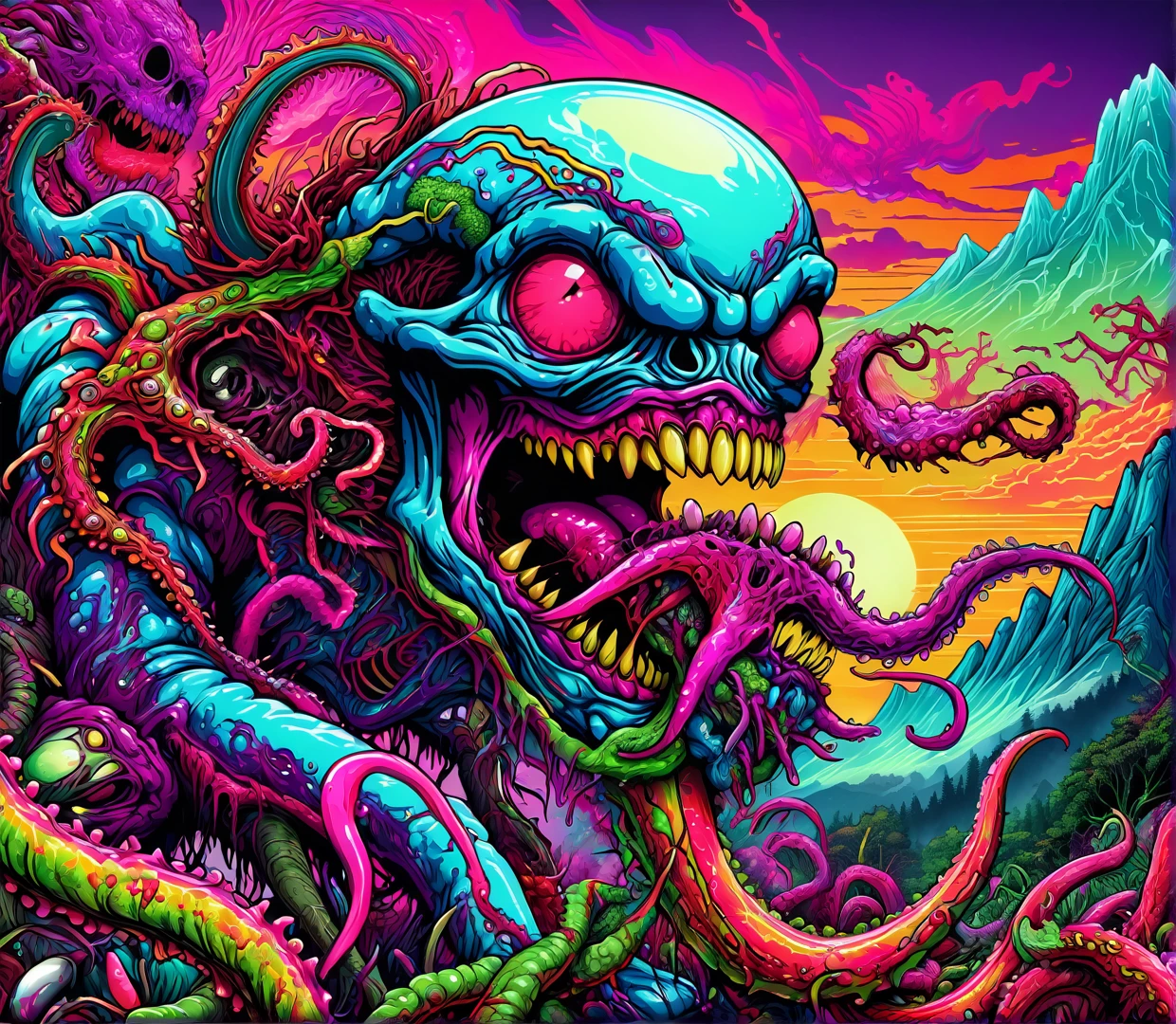 ((master psychedelic laughing monster 2D)), hyper beast, colorfull, High detailed, Saturated colors, tentacles, zombies, blood, dark, carnage, guns, Color magic, vaporwave style, ((Poster)) surrealism, print csgo, hyper beast, hyper monster, a monster inside crystal clear translucent perfect sphere, sunset, mountains, rainforest, (head body photo), (((brock hofer style))), hyper beast, hyper monster, monster, ((colorfull, High detailed, Saturated colors, tentacles, zombies, blood, dark, carnage, guns, Color magic, vaporwave style)), Highly intricate technicolor, ultra detailed colorful art, very detailed and colorful, highly detailed bright colors, highly intricate and colorful, Colorful!! highly detailed, colorful hyper-detailed, full of colors and rich details, highly detailed colors, scary detailed art in colors, psychedelic art style, detailed digital illustration, 16k, 8k, 4k wallpaper uhd hdr.