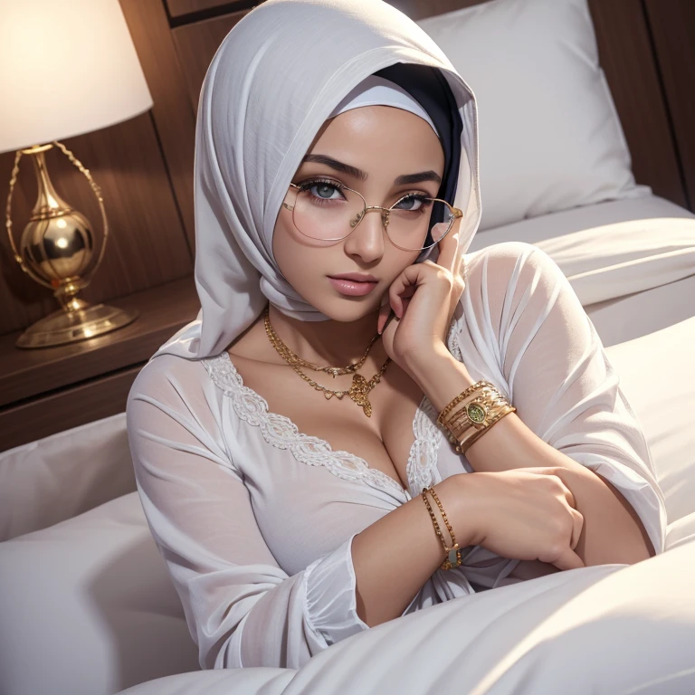 beautiful hijabi girl, 1girl, 18 years old, , flight attendant, white sexy pajamas, voluptuous breasts, glasses, golden bangles, bracelets, necklaces, swiss polo golden watch, lying on bed, landing on pillow, hug the pillow, tie up clothes, lovely eyes, detailed horny face expression, shy, (best quality,4k,8k,highres,masterpiece:1.2),ultra-detailed,(realistic,photorealistic,photo-realistic:1.37),HDR,vivid colors
