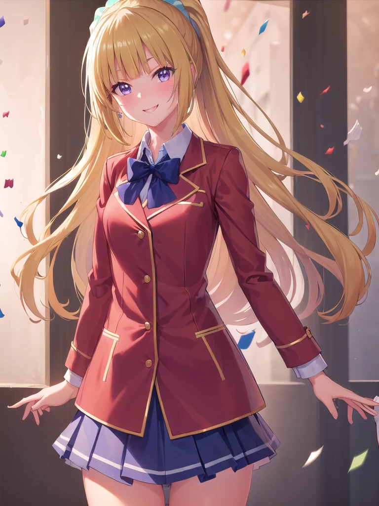 kei karuizawa, peace sign:1.3, (confetti:1.3), head tilt:1.3, no background:1.3, Long Hair, bangs, blunt bangs, (Purple eyes:1.1), Blonde, shirt, hair ornaments, ponytail, Scrunchie, blue Scrunchie, smile, break skirt, shirt, bow, Jacket, (red Jacket:1.2), Pleated skirt, bowtie, sweater, (blue bow:1.2), (blue shirt:1.2), break looking at viewer, (Cowboy Shot:1.5), break (masterpiece:1.2), Highest quality, High resolution, unity 8k wallpaper, (figure:0.8), (Beautiful attention to detail:1.6), Highly detailed face, Perfect lighting, Highly detailed CG, (Perfect hands, Perfect Anatomy), (3D Face:1.1), (Shiny skin:1.5), (超High resolution intricate face details), (Facial skin pores:1.3), 超High resolution cloth texture, 大きなsmile, Blushing, Open your mouth, Showing off her perfect legs