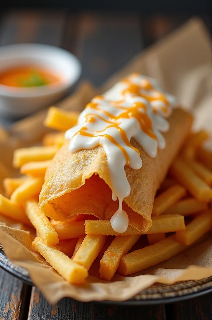 Create a picture about this food. Fries lumpia wrapper with condensed milk toppings