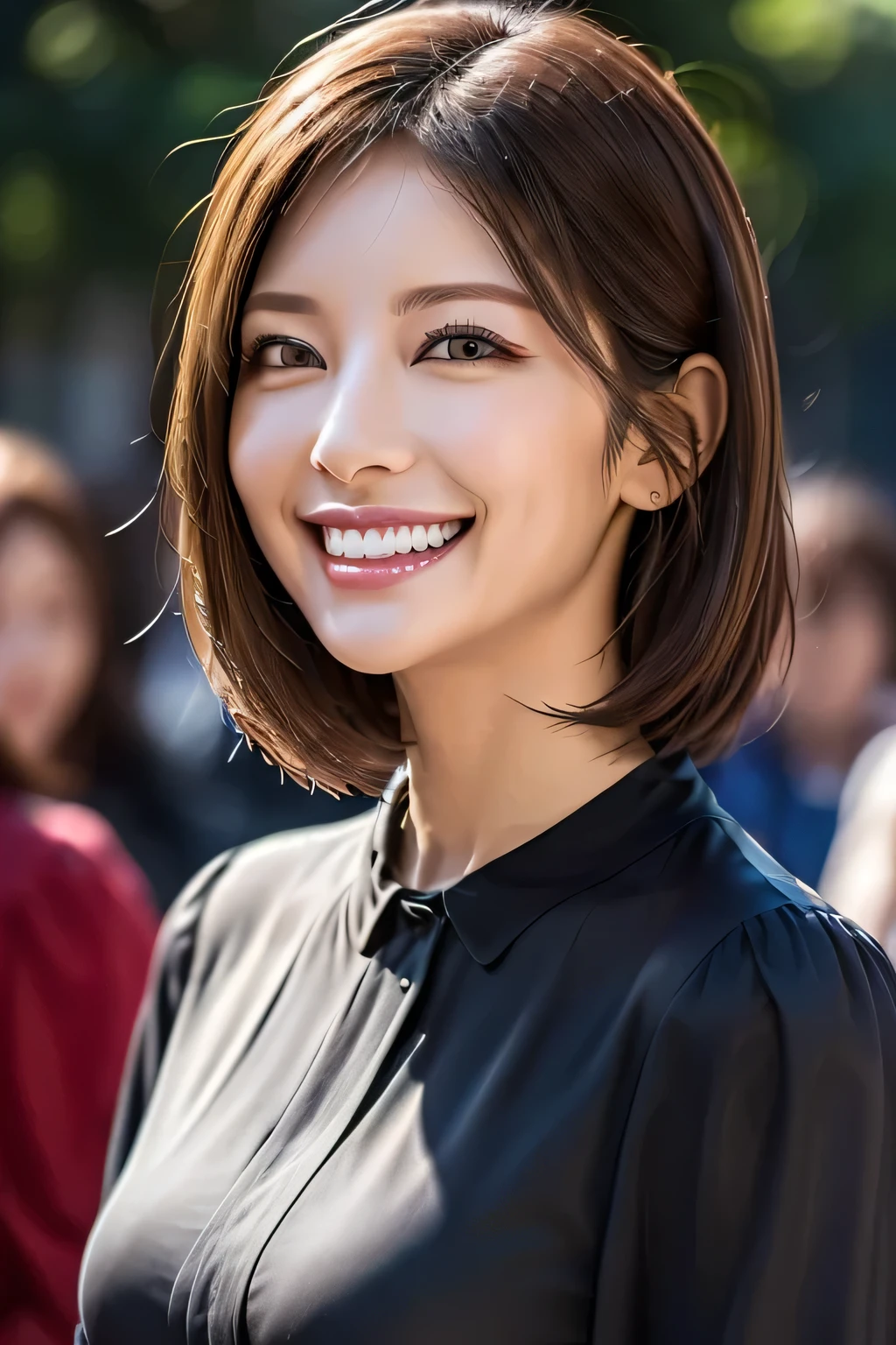 ((masterpiece)), ((Highest quality)), ((Complex)), ((Surreal)), (Realistic), (Mature Woman), ((There are no classes)), Very detailed, (1 female), Beautiful and exquisite, (Beautiful Teeth), Grin, Brunette bob hair, Brown eyes, ((blouse)), (Upper Body), (background:none), Perfect Eyes, Captivating eyes, Looking at the audience