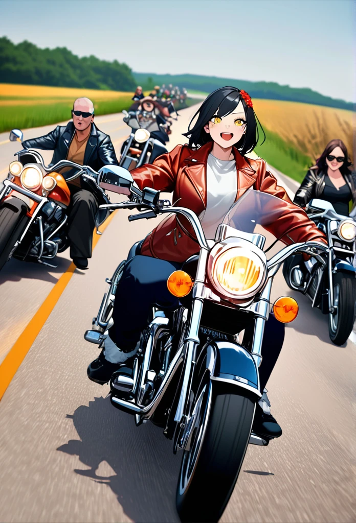Highest quality, Super quality, 16K, Incredibly absurd, Very detailed, 2.5D, Delicate and dynamic depiction, A large group of Harley riders, The first rider is a female、Black short hair, Red flower hair ornament, Yellow Eyes, Leather clothing, Midwest Roads