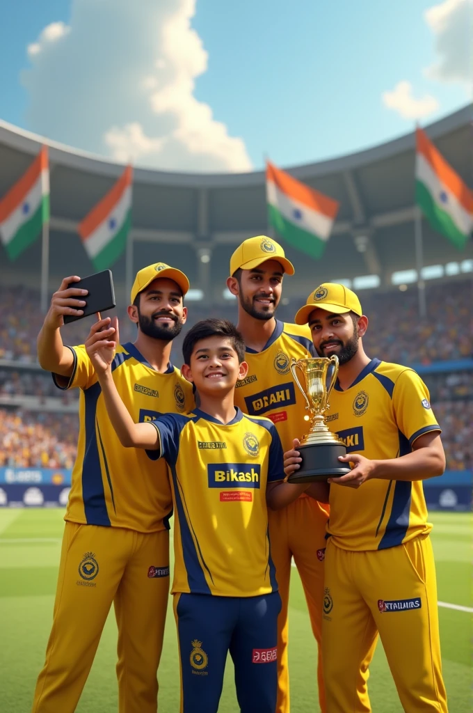 create a realistic image where a 20 Years old IPL fan Young Boy Wearing CSK Team's Jersey With Name “Bikash” is written on it, boy standing with dhoni and 11 player with yellow jersey and dhoni take a ipl trophy, The boy is holding a iphone 15 pro max mobile and taking a selfie with him, indian Flags are Flying in the Back of them And Have Many cricket Supporters there, 3D art painting Realistic photo.