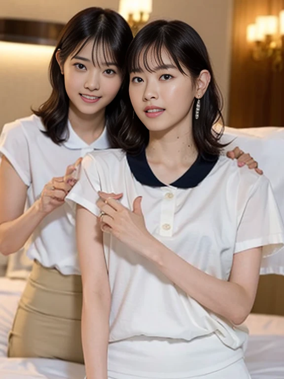 (Masterpiece, Best quality:1.3), (Ultra realistic, Photo-realistic:1.2), From above, From side, Natural light, 28 years old actress, Japanese 2 women, Neat and clean, (White tennis uniform, White short-sleeve polo shirt with darknavy line collar:1.1), (unbutton:1.3), (White tennis skirt:1.1), white sock, (short wavy hair:1.3), ponytail, (Beautiful face), Oval face, clear, Beautiful eyes, Kind eyes, Clear skin, Small face, Beautiful mouth, Small mouth, Natural makeup, Approachable, (nsfw:1.1), Seductive smile, (Seductive pose:1.2), (Beautiful thighs:1.1), (Bedroom eyes:1.1), Embarrassed, Blush, Luxury hotel Suite room, On bed, Hidden camera installed in suite room captures obscene reality of school girls , (lesbian couple , petting together:1.1),