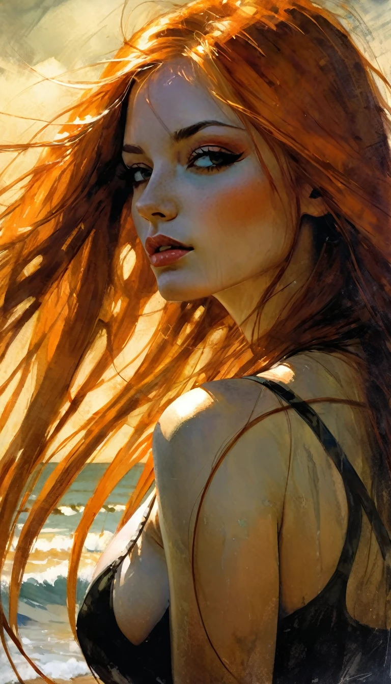 girl with long orange hair, very sexy, on the beach, sun, tropical beach,eroticism, sexy, between shadows, oil painting, chiaroscuro, sensual, dramatic lighting, moody atmosphere, photorealistic, intricate details, masterpiece, ultra-detailed, high quality, 8k, best quality, realistic, cinematic, dark and brooding, expressionistic, powerful composition, emotional impact, Bill Sienkiewicz inspired art