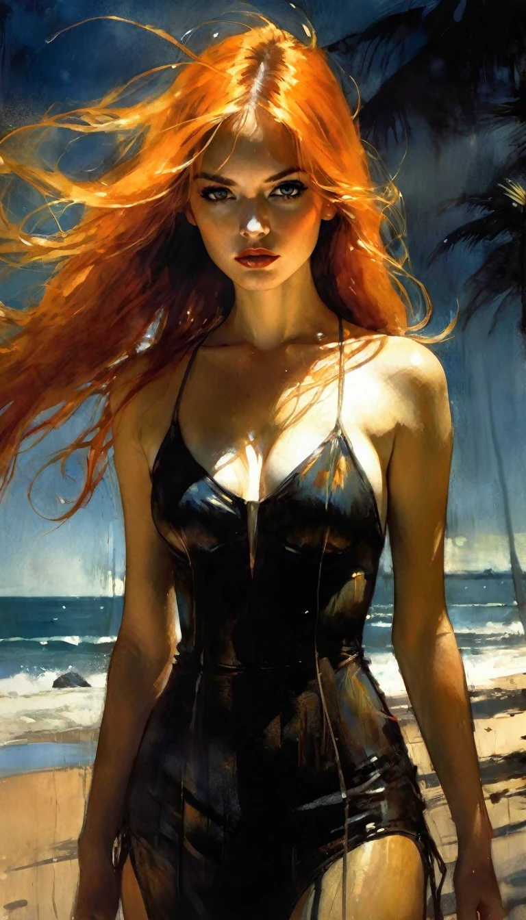 girl with long orange hair, very sexy, on the beach, sun, tropical beach,eroticism, sexy, between shadows, oil painting, chiaroscuro, sensual, dramatic lighting, moody atmosphere, photorealistic, intricate details, masterpiece, ultra-detailed, high quality, 8k, best quality, realistic, cinematic, dark and brooding, expressionistic, powerful composition, emotional impact, Bill Sienkiewicz inspired art