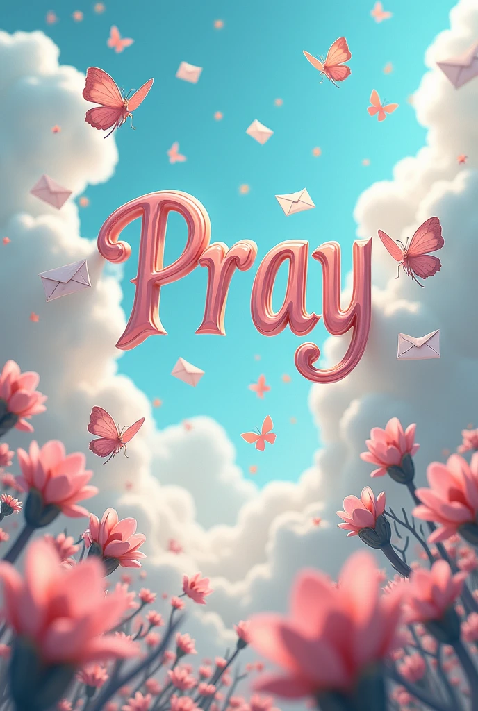 There is a beautiful, fantasy, white cloudy title "PRAY". Sky background, fantasy, fireflies, flowers and butterflies. A 3d, Aesthetic, Fantasy poster. There is multiple love letter envelopes falling from the sky in the background