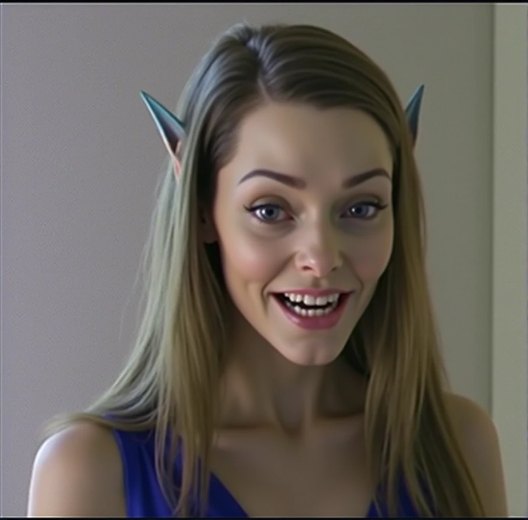 a detailed evil goblin with a big nose, long pointy goblin ears, big forehead, long hair tucked behind long pointy ears, raised eyebrows, perfect teeth, wearing a blue dress, evil laugh, cinematic lighting, hyper realistic, 8k hd resolution, highly detailed, photorealistic, masterpiece, very detailed goblin ears, green skin tone