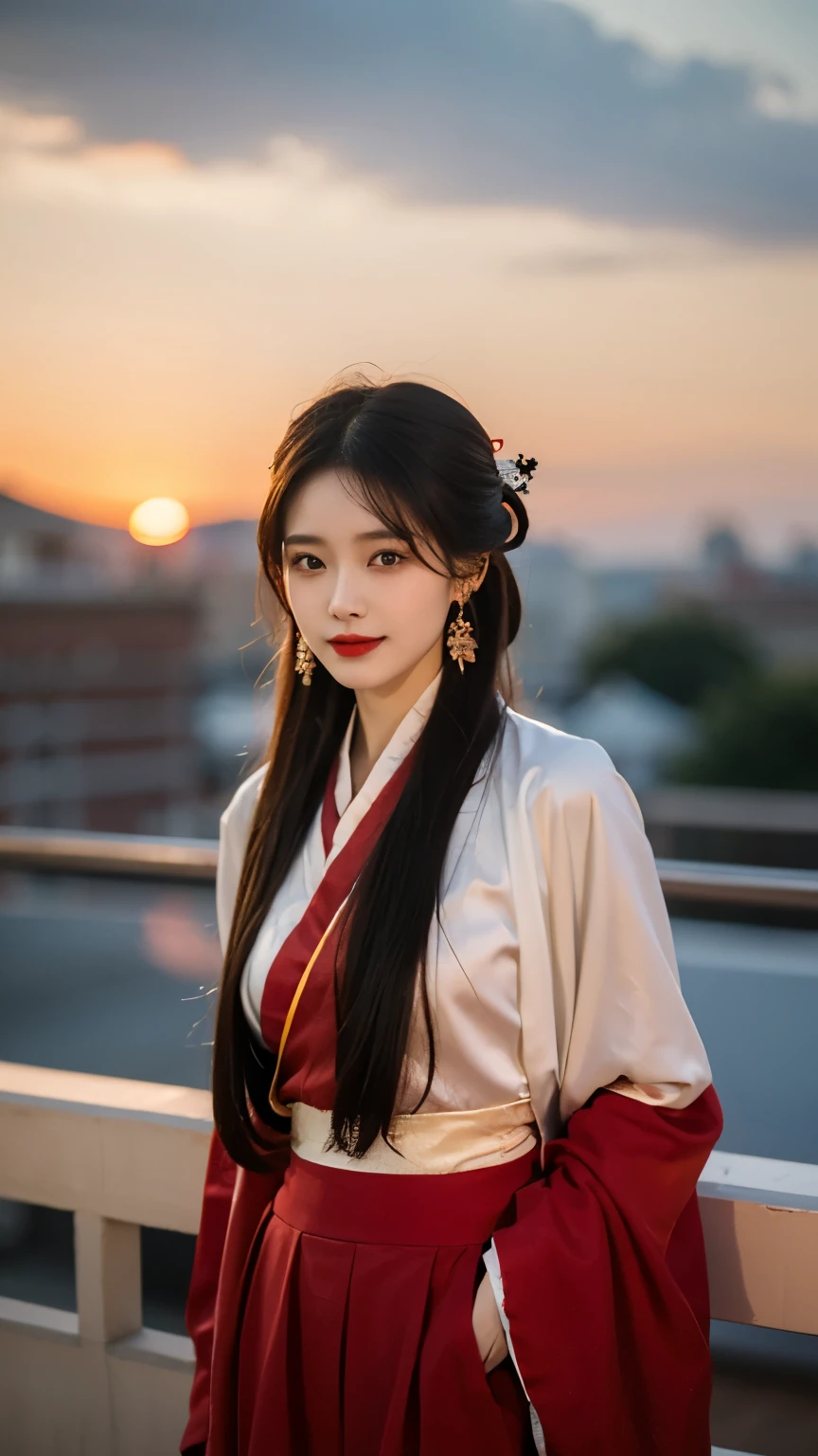 Best quality， Ultra-high resolution， Face Focus（truly：1.6），1 Girl, Beautiful Girl，，Chinese Girl, Elegant girl，Classical girl，Black hair,Hairstyle，（Medium breasts:1.4), Hanfu，魏晋Hanfu:1.1, Red clothes，Loose，panoramic，whole body，Rooftop（Depth of Field：16）,Hair forks，Hairpin，earrings，Rooftop,Red sunset,Ultra-thin face，Exquisite eyes，Double eyelids，Smile，whole body，Standing，Long legs，Elegant Movement，For the audience