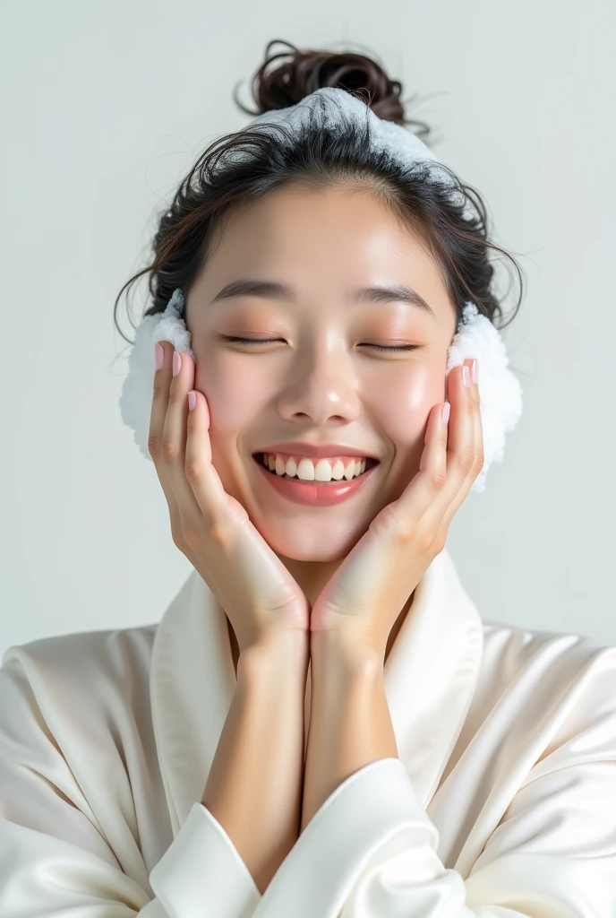Create an Asian middle-aged beauty,Wearing a white satin bathrobe,Scratching the scalp with both hands,Two hands washing hair on top of head,There is a lot of foam on the head,Foam wrap head,Realistic foam,The expression is happy,Upper Body,The characters are realistic and realistic,Pure white background,Character front position,9:16 frames,Ultra-high-definition picture quality