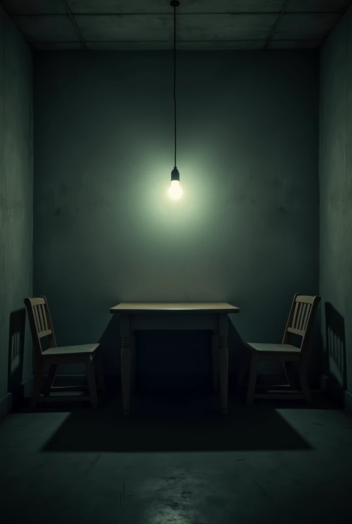 "Fade in. The camera moves slowly into a dark, dimly lit room. A single 100-watt bulb hangs from the ceiling, swaying gently. The light casts harsh shadows, illuminating a simple wooden table directly beneath it. The room is cold and bare, with concrete walls that echo every sound. On the right side of the table, a single chair stands, while on the left, there are two chairs. The light swings gently, causing flickering shadows on the walls and across the table."