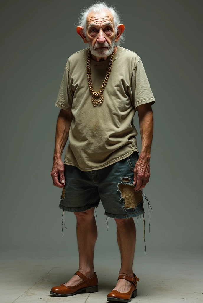 87 years old Russian, thin, short, wearing a torn t-shirt, torn shorts and high heels, wearing a gold necklace