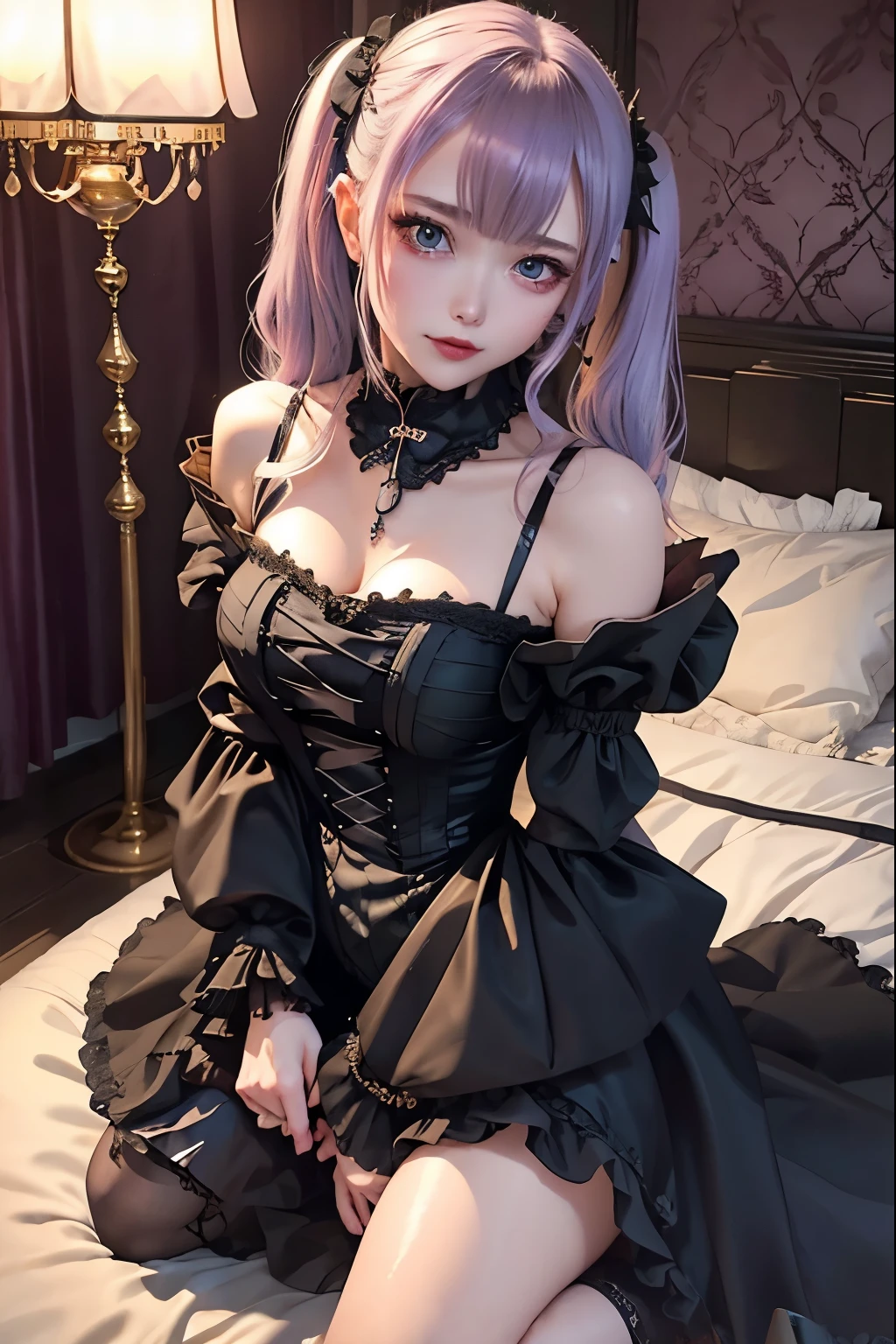 ハードなDark Gothicメイク、Black dark eyeshadow、sad、Good skin radiance、Dark Gothicメイク、Dark smile、palace、The beauty of fragrance、24-years-old、Expressions of intense sexual pleasure、Embarrassed look、Dark Gothic、Highest quality、Expression of sexual pleasure without pain、Drunk face、Purple maid outfit、mysterious、noble、Loving smile、Twin tail hair、Right eye is blue、Left eye is red、Super tempting pose、Platform heel shoes、Heavy makeup、Gothic Clothing、Silver Hair、Long Hair Straight Hair、Cute Gothic Dresses、Beautiful Face、Elegant face、Attractive face、Stained glassの背景、Chest glistening with sweat、The room is dark、goth long dress、Bell Sleeves、Wizard Sleeve、Decadent look、Sexually excited expression、Wet shiny thigh water、Thighs that are wet and shiny with oil、Background of a room full of roses、Sad look、Rose Maiden、The embroidery is pink、The dress has pink embroidery.、Thigh-high socks、Knee-high socks、Gentle expression、Dark black eyeshadow、Stained glassとバラの背景、Thighs are a little thin、Female Duo、Female couple、dark church background、Stained glass、Black metal world、Dark Castle、Dark Room、Slender body、gothic long dress、Victorian dress、Small breasts、With a glass of wine in your right hand、With a lantern in his left hand、The bed is covered with roses、Her thighs are shining with sweat、My body is wet and shiny、There is a lot of glitter on the thighs、I am sweating、My thighs are sticky with sweat.、My thighs are glistening with sweat、My whole body is sweaty and shiny、I sweated a lot.、My thighs are sweaty、My wet thighs are glistening with sweat.、There is a lot of sweat shining all over my body、Slender body、I rest my head on the pillow、Sleeping in bed、Beautiful legs、Outstretched legs、Lying in bed、Lying on your back in bed、On all fours、Knee Up、Kneel、Put your arms behind your back、Kneeling on the bed、Super beautiful straight hair、Straight hair to the ends、Straight Perm Hair、Show off your glamorous thighs、Sit on the bed、Ass on the bed、Sitting with legs wide apart、Thighs are a little glamorous、