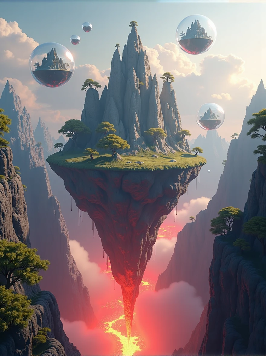 Masterpiece, best quality, high resolution, The bottom is a red flame mountain scene, suspended, with bubbles with the scene floating on top, transparent bottom, Game scene, 3D, C4D, OC rendering, image quality 4K,