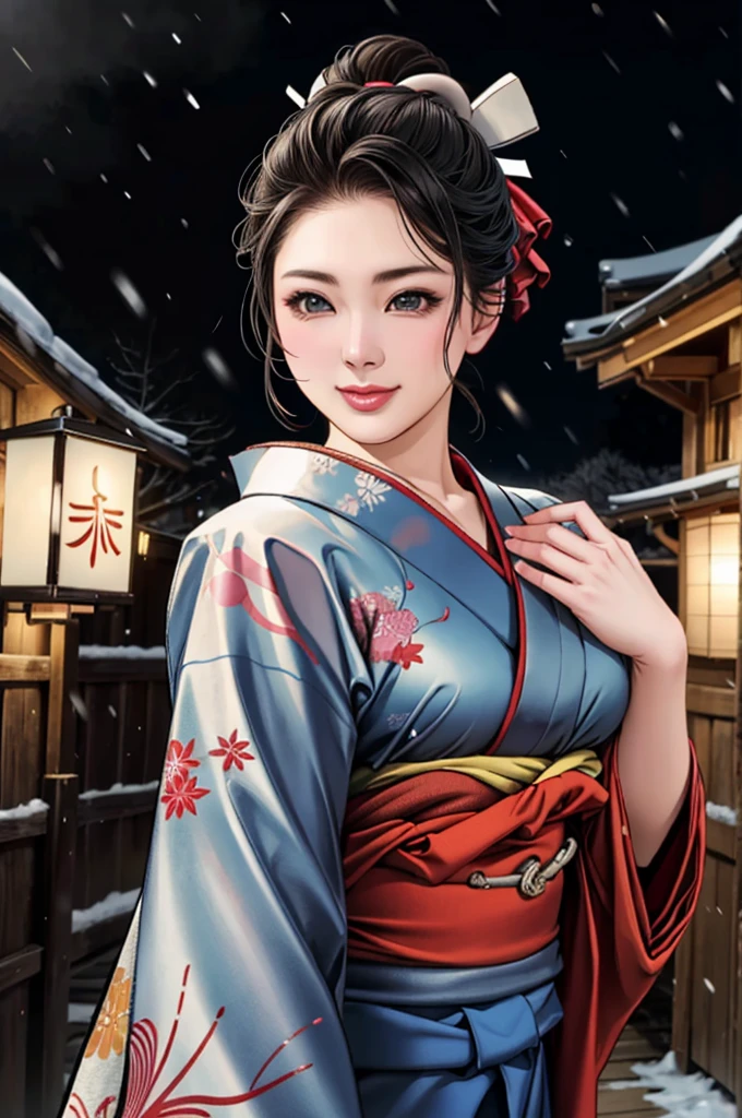 (Browsing Caution), (RAW Photos), (Realistic), (Photorealistic), Ultra-high resolution, masterpiece, Highest quality, Portraiture, facial Portraiture, Perfect lighting, Detailed lighting, Dramatic Shadows, Ray Tracing, Pure Eros Face_v1, Urzan-6500-v1.1, ((gentle smile)), ((upper body:1.2)), ((random sexy pose)), looking at viewer, ((wearing a kimono)), ((in old Japanese sinto)), ((night)), ((background with snow:1.2)), ((blizzard:1.2)),