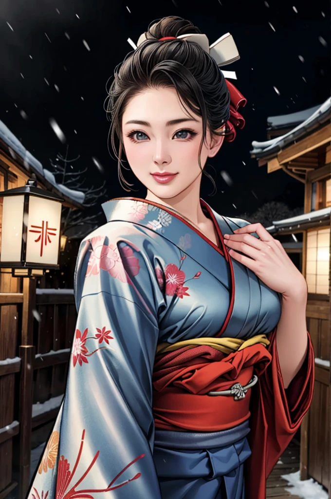 (Browsing Caution), (RAW Photos), (Realistic), (Photorealistic), Ultra-high resolution, masterpiece, Highest quality, Portraiture, facial Portraiture, Perfect lighting, Detailed lighting, Dramatic Shadows, Ray Tracing, Pure Eros Face_v1, Urzan-6500-v1.1, ((gentle smile)), ((upper body:1.2)), ((random sexy pose)), looking at viewer, ((wearing a kimono)), ((in old Japanese sinto)), ((night)), ((background with snow:1.2)), ((blizzard:1.2)),