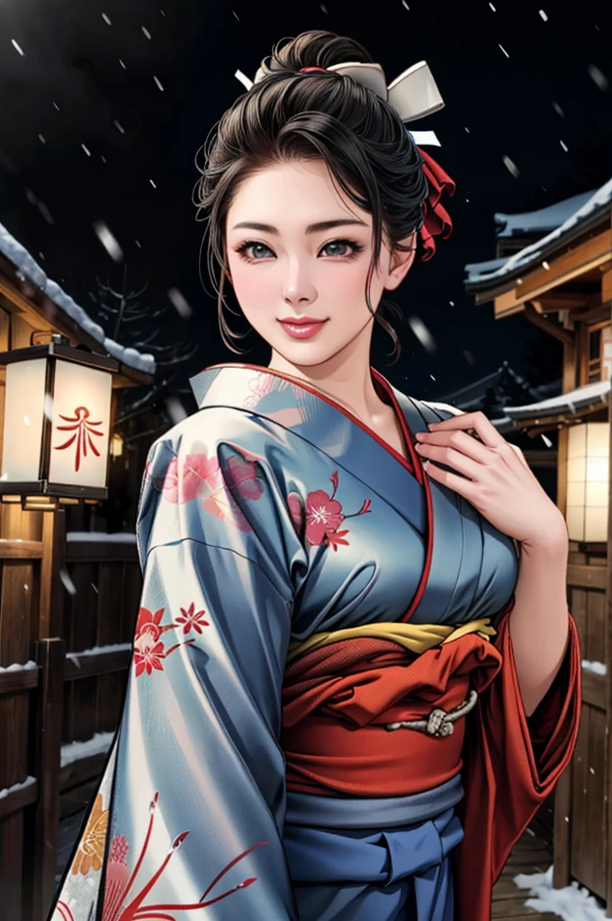 (Browsing Caution), (RAW Photos), (Realistic), (Photorealistic), Ultra-high resolution, masterpiece, Highest quality, Portraiture, facial Portraiture, Perfect lighting, Detailed lighting, Dramatic Shadows, Ray Tracing, Pure Eros Face_v1, Urzan-6500-v1.1, ((gentle smile)), ((upper body:1.2)), ((random sexy pose)), looking at viewer, ((wearing a kimono)), ((in old Japanese sinto)), ((night)), ((background with snow:1.2)), ((blizzard:1.2)),