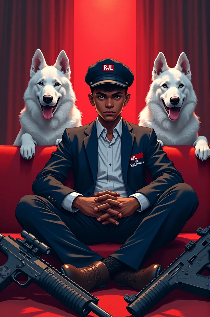 20 year old boy, brownish skin, sitting on the red couch, wearing black suites with white button shirt and black slatter,
Write RJL the Statesman above his cap and also on his suits pocket, surrounded by all guns with 2white k9 dogs, light color of the room is red and blue