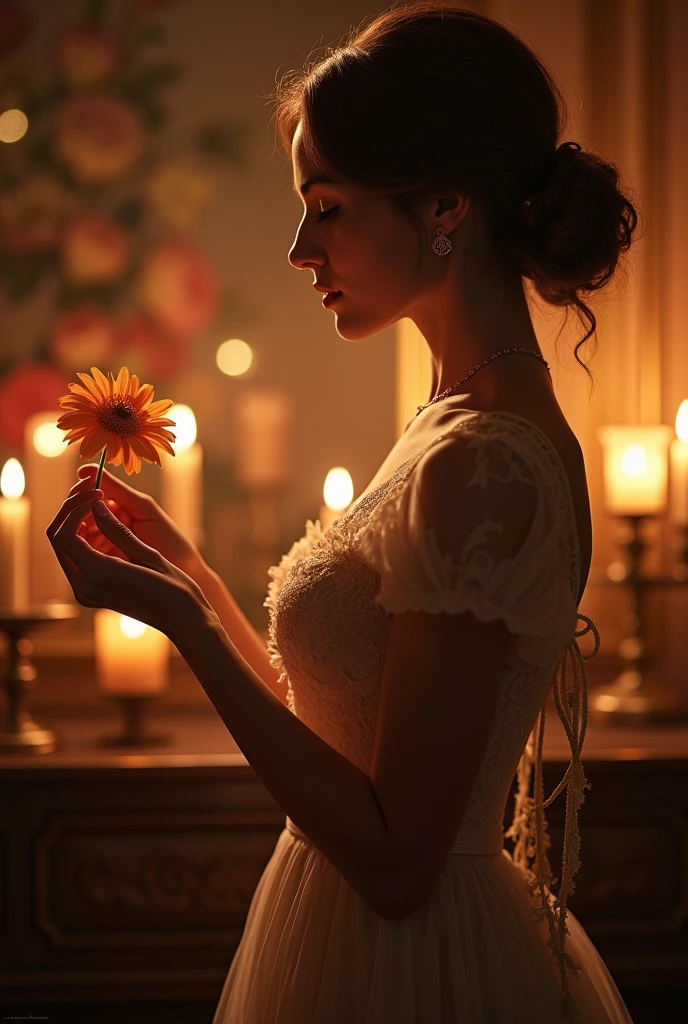 beautiful woman wearing victorian dress standing holding a flower illuminated by candlelight